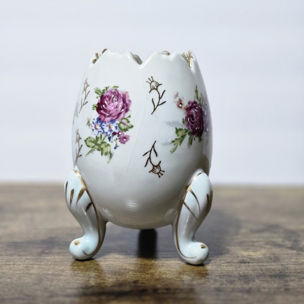 Napco Ware Egg Shaped Planter Pot Footed Floral Gold Trim Vintage #3199 M‎